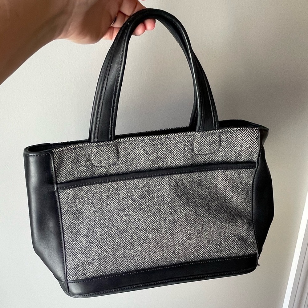 Vintage COACH Bleeker 6126 Gray Herringbone Wool Black Leather Tote Y2K